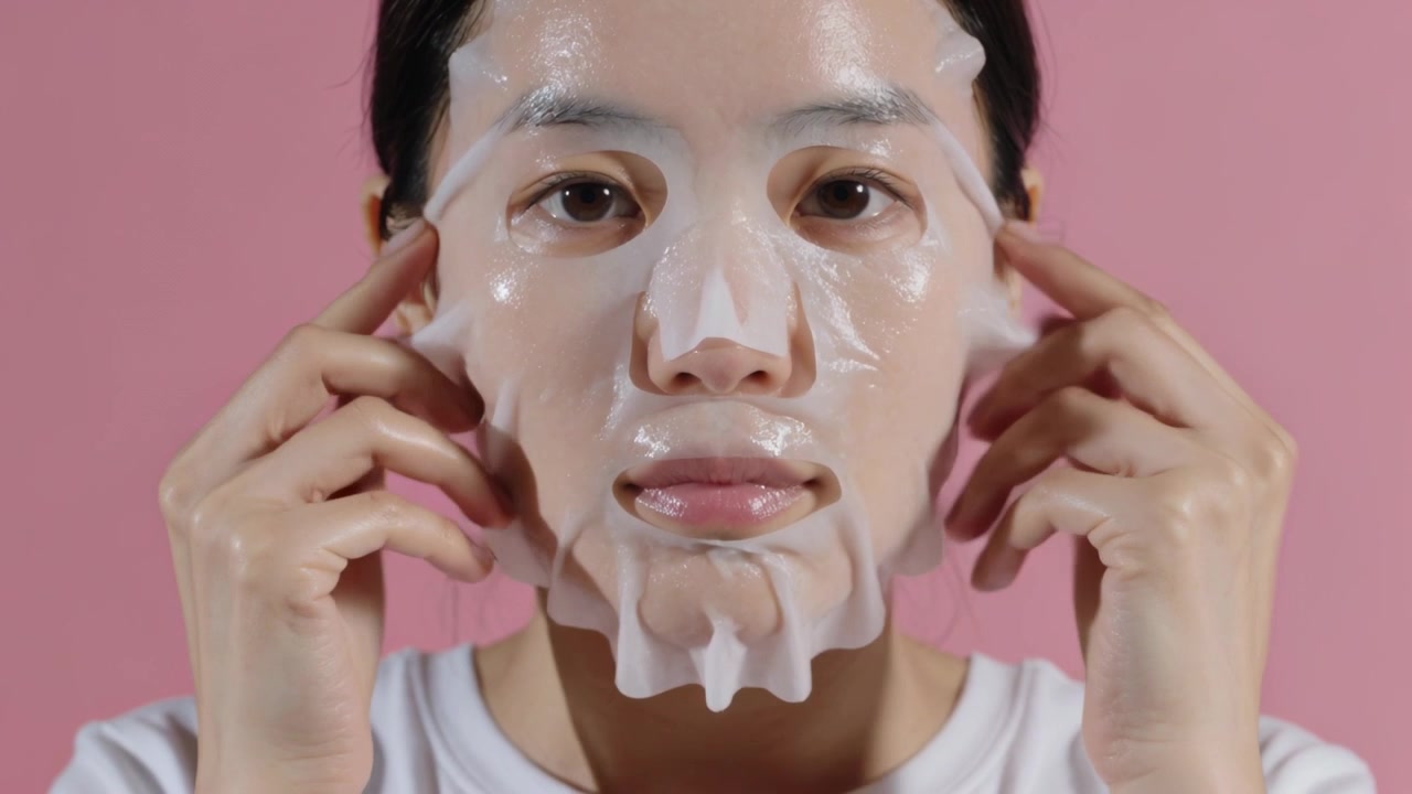 Model memegang masker lembaran basah, meratakannya di wajah di studio agar serum terserap, mengenakan kaus putih.