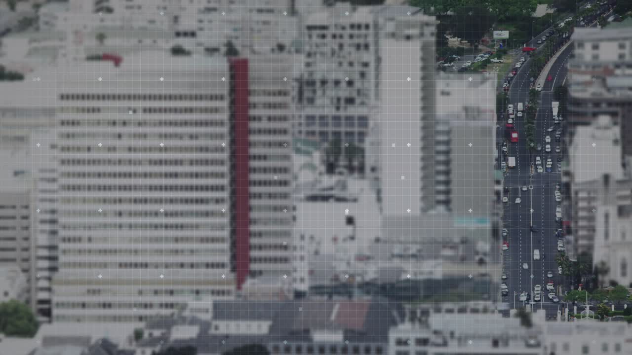 On startup cyan HUD animating over city, circuit traces spreading, pulsing reticle tracking traffic