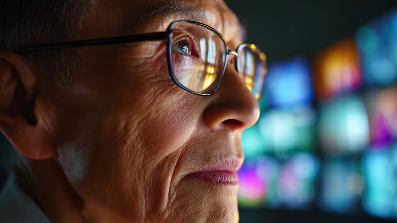 An Elderly Individual Engaging with a Multi-Screen Display in a Dark Environment, Showcasing Reflections in Glasses and Expressions of Contemplation on Modern Technology and Media Consumption