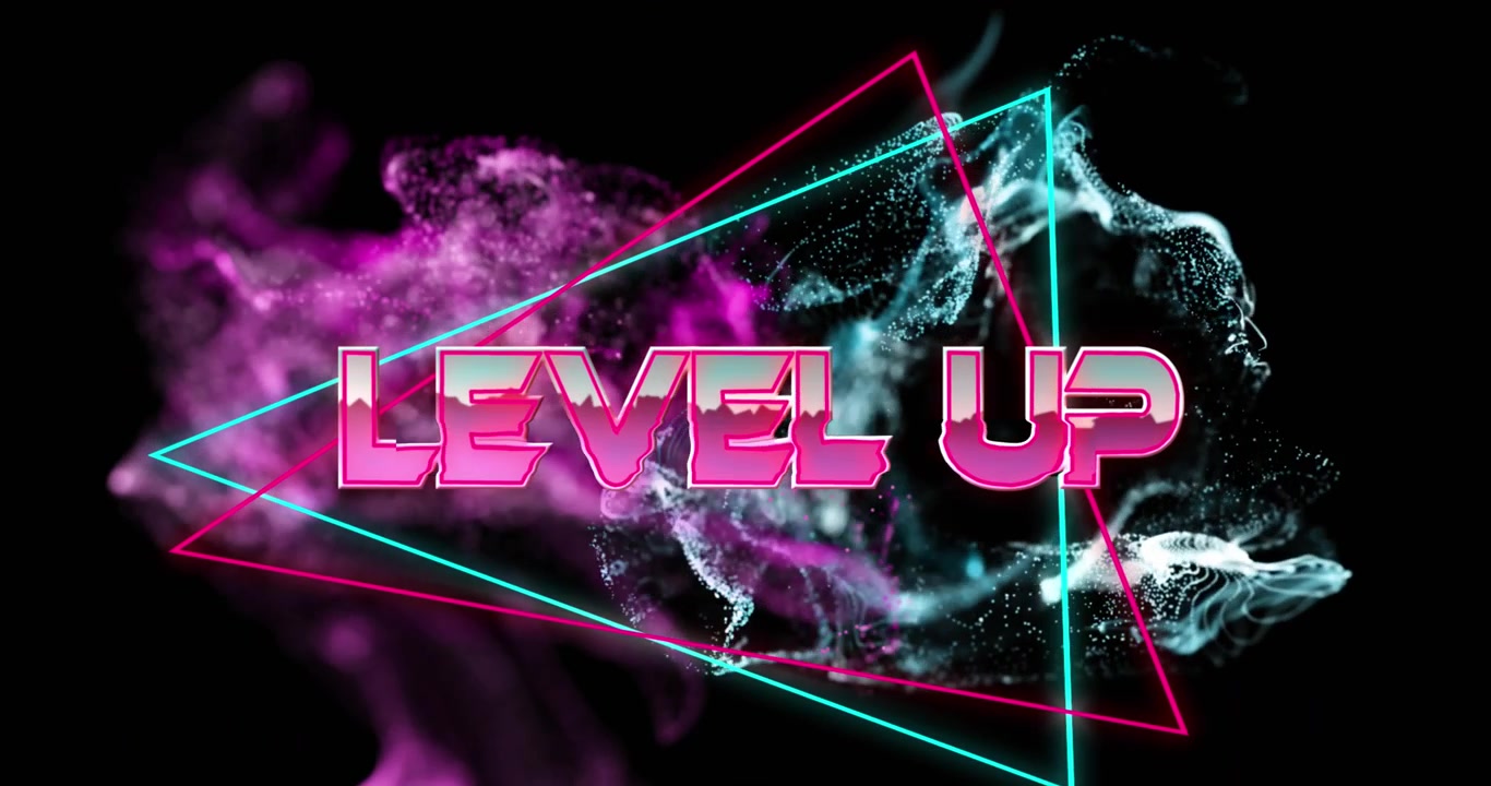 Testo animato "Level Up" con triangoli al neon e sfondo astratto di particelle