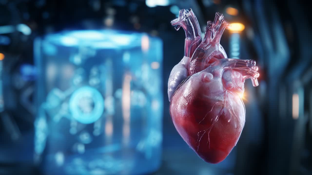 A Stunning Digital Rendering of a Heart in a Futuristic Environment, Showcasing Anatomical Details and Biomechanics, Surrounded by Advanced Technology and Scientific Visualization Elements