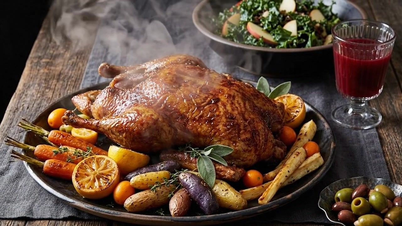 Roasted Whole Chicken with Vegetables and Steam on a Platter