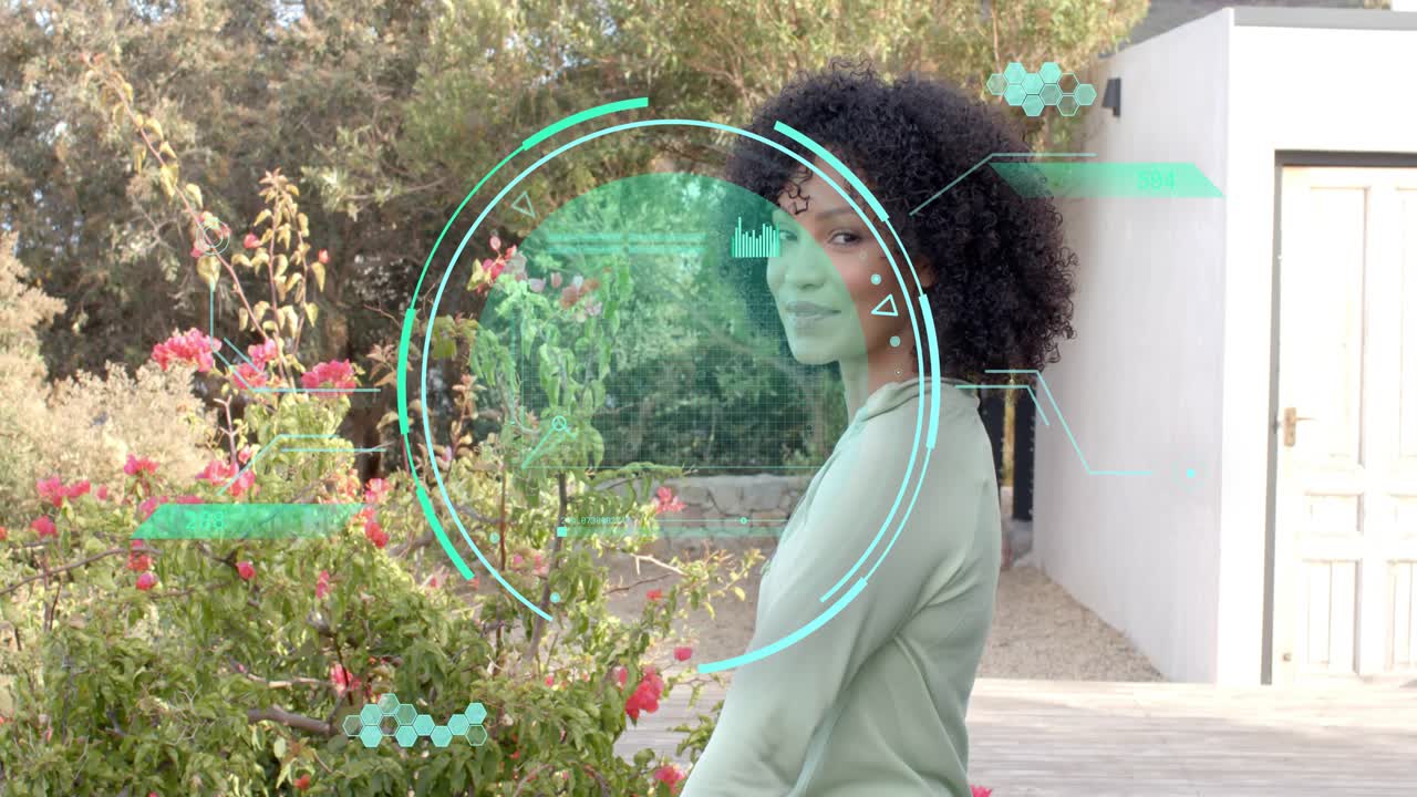 Woman turning head to camera upon animated HUD appearing, rotating and showing line graph for tech