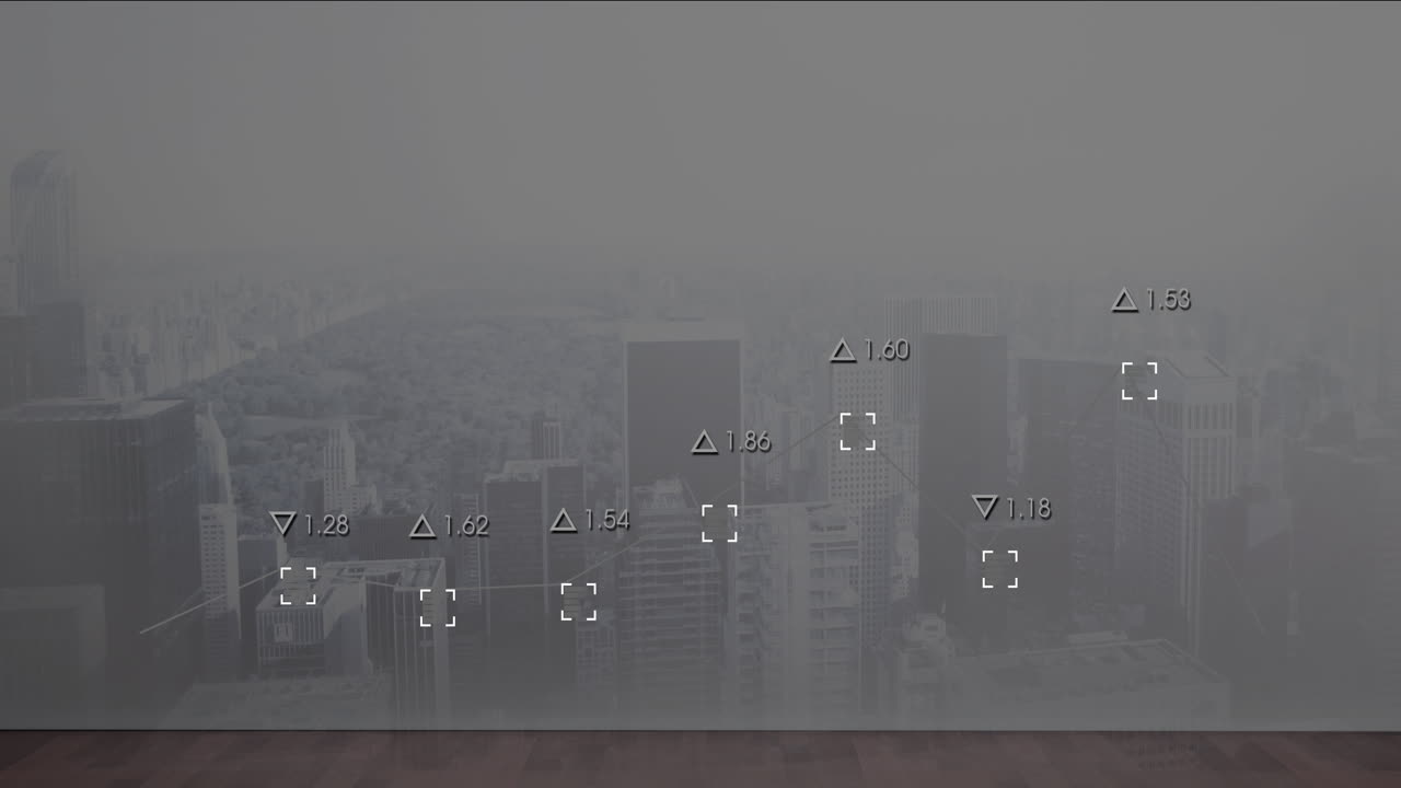 Overlaying buildings, data points and measurements create animation of city skyline