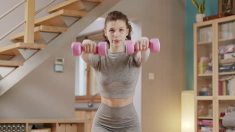mujer joven en forma en ropa deportiva hace ejercicio en casa - levantando pesas rosas