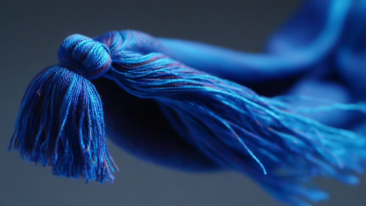 A Close-Up Exploration of Vibrant Blue Thread and Its Intricate Tassel Detail, Showcasing the Texture, Color Saturation, and Fine Craftsmanship of Textile Art in Every Strand and Twist