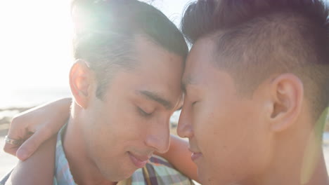 Happy-diverse-gay-male-couple-embracing-at-promenade-by-the-sea,-slow-motion