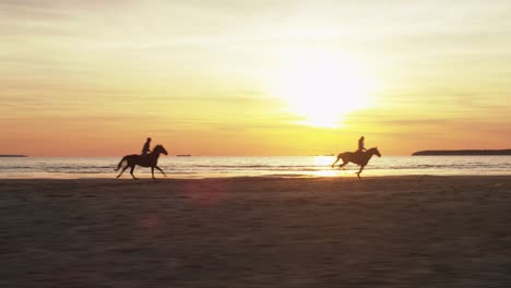 silueta de dos jinetes a caballo en la playa a la luz del atardecer.