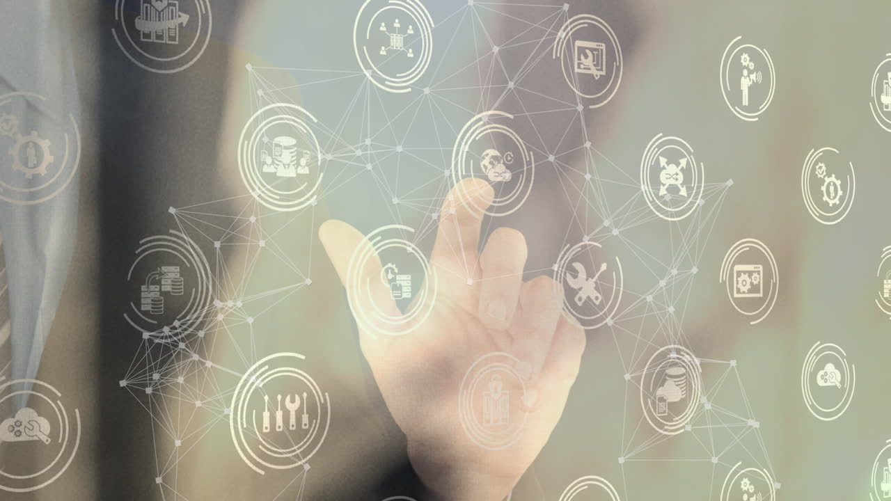 인간 터치 스크린을 통해 디지털 아이콘으로 연결 네트워크의 애니메이션