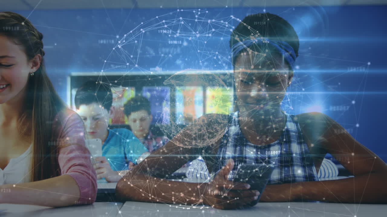 Animation of connections and globe over happy diverse students using technology at school