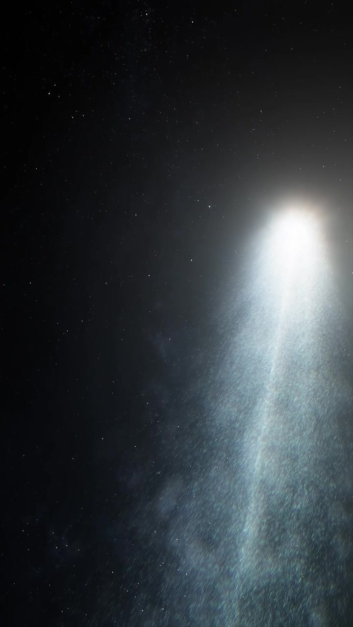 Stjernefelt med millioner af stjerner med kometafsløring og smeltende ispartikler. Abstrakt lyst udenjordisk objekt i dybt rum. 3D-animationsgengivelse af 3i Atlas. Vertikalt 9:16-format