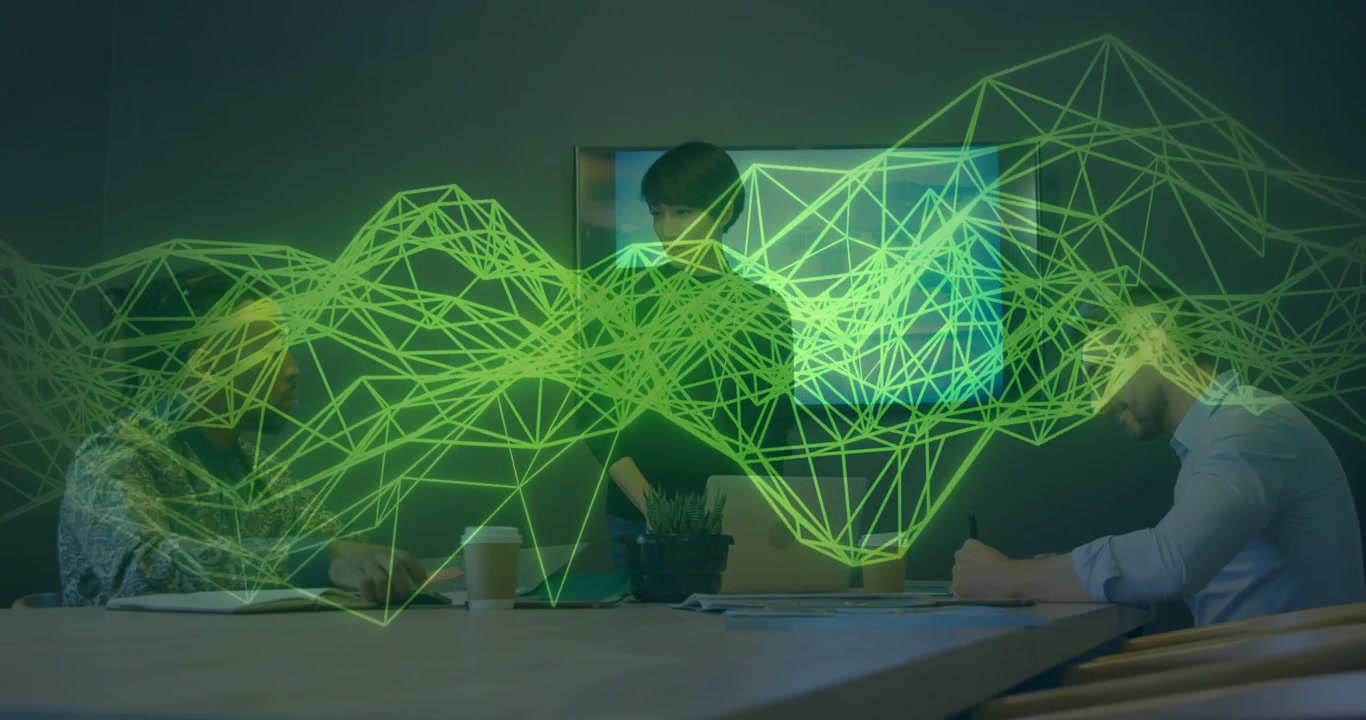 Standing woman sorting notes as neon wireframe sweeping revealing laptop guiding business meeting