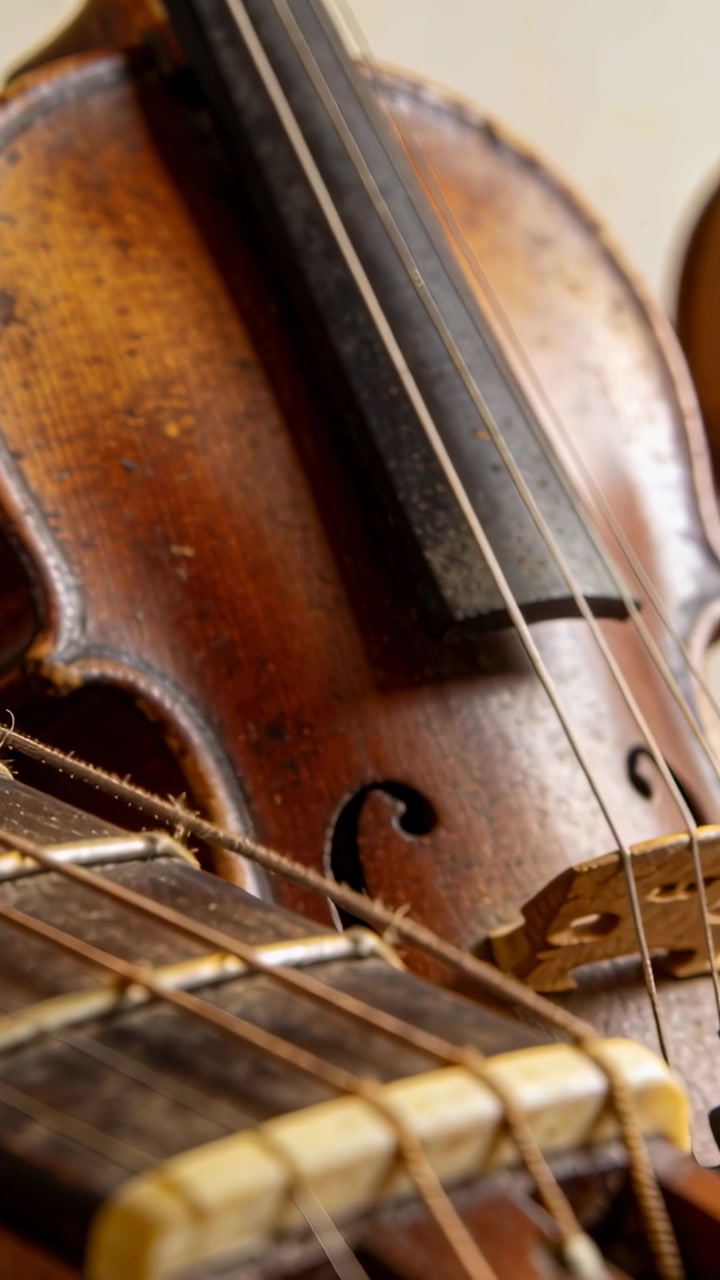 Video verticale: Telecamera in movimento che rivela un violino invecchiato in studio, esponendo la tastiera per mostrare l'usura.