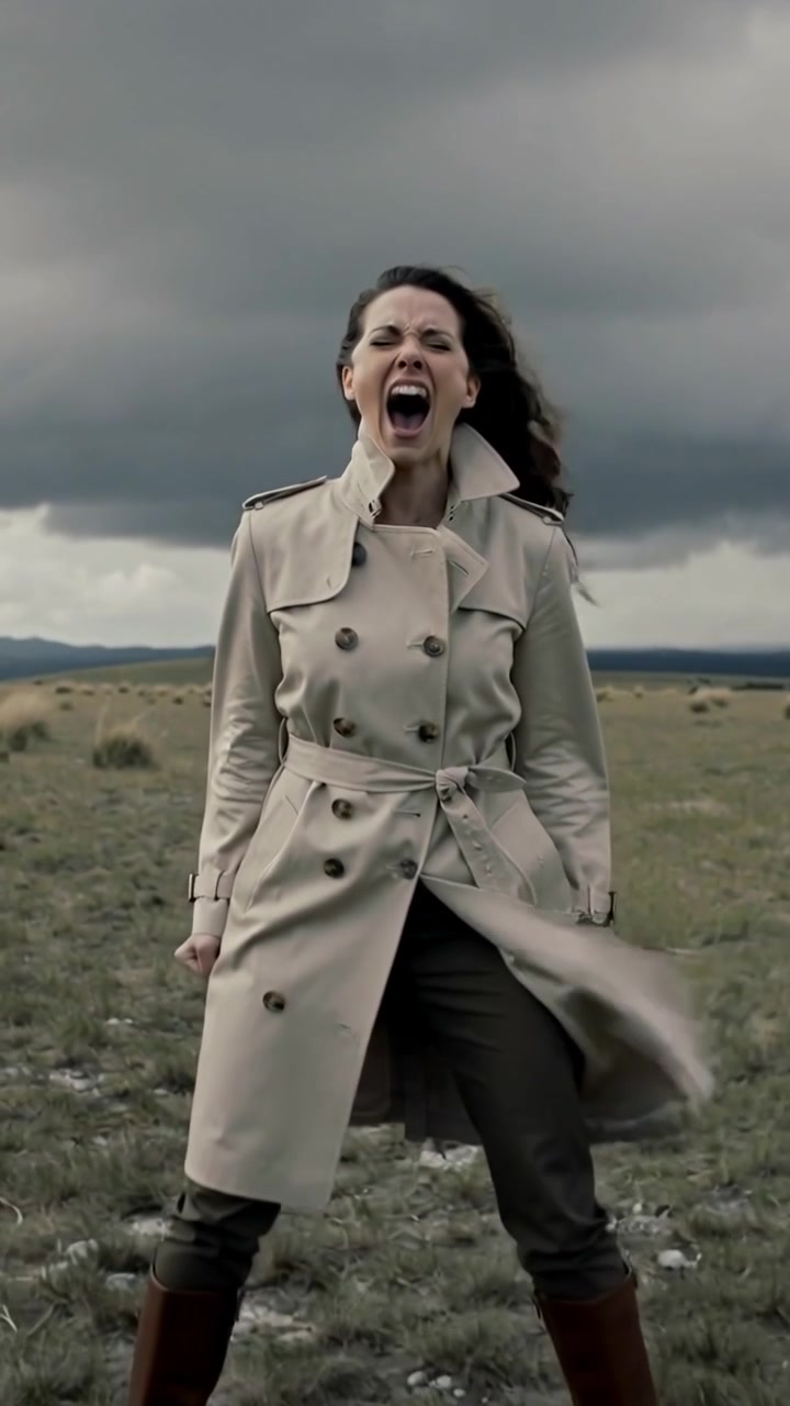 Video verticale: Ripresa all'indietro che rivela una donna che urla sfogandosi e poi si calma su uno sfondo neutro, con un trench.