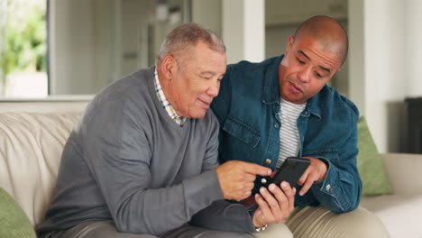 Phone,-couch-and-senior-father-with-man-search