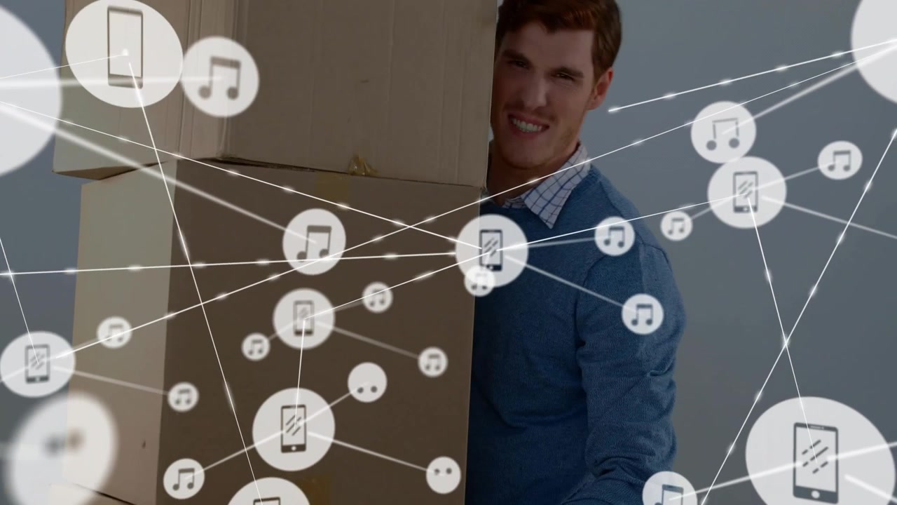 Carrying boxes, man surrounded by music and smartphone icons animation