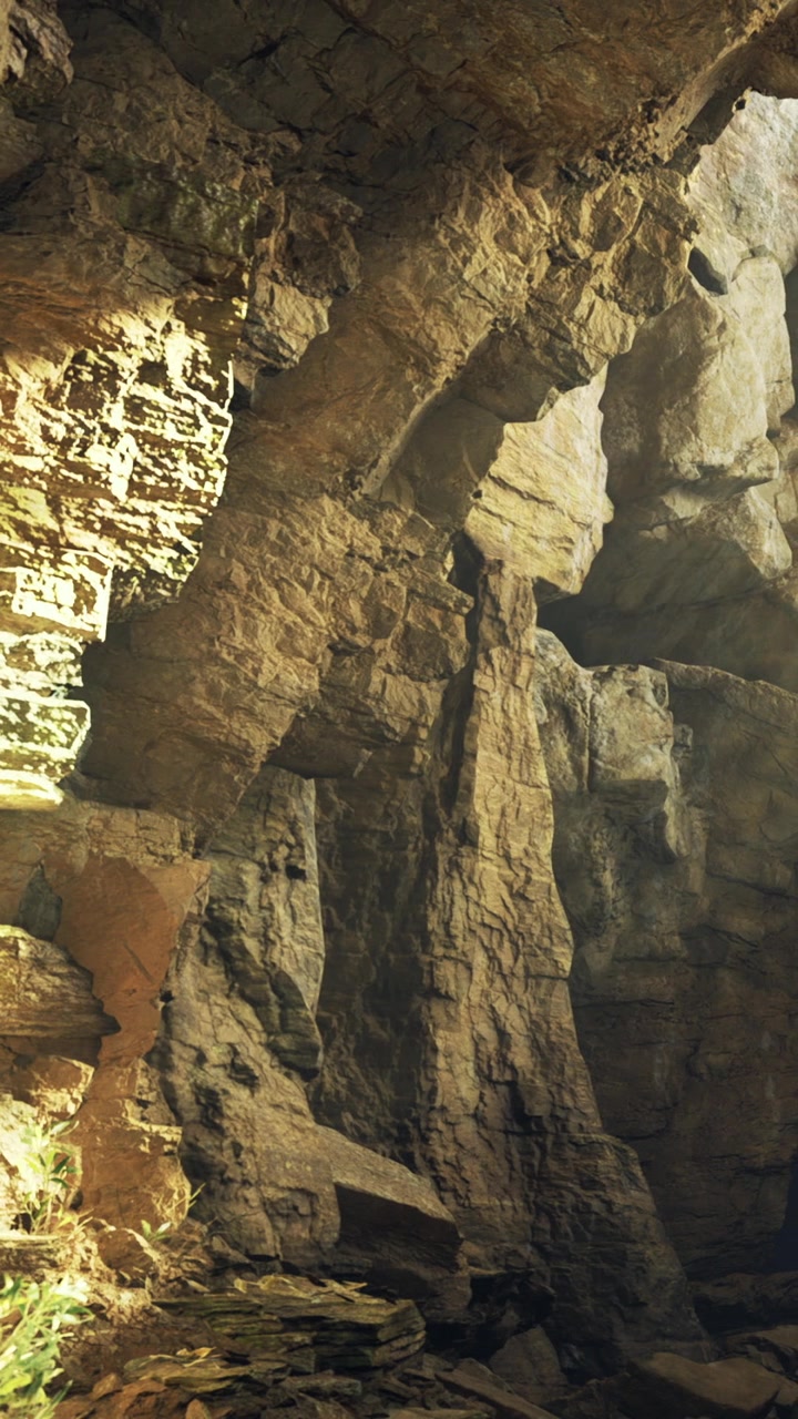 Esplorando una grotta rocciosa con alte formazioni di pietra e luce che filtra
