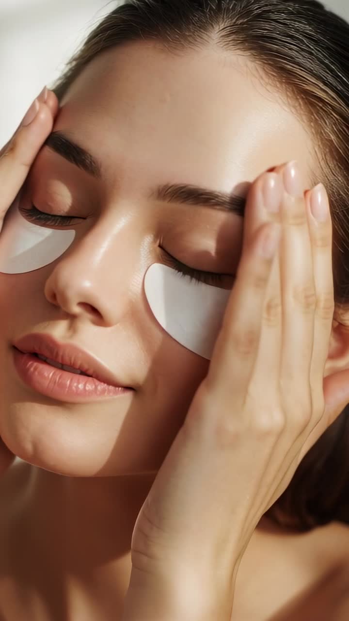 Vertical video: Tapping woman with patches on and smoothing brows for care in studio bare shoulders