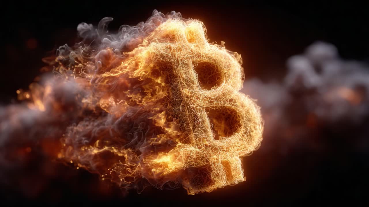 Dynamic Visualization of Bitcoin Symbol Unleashed: A Stunning Display of Fiery Energy and Digital Transformation in Cryptocurrency