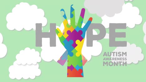 animation of colourful puzzle pieces forming hand and hope autism awareness month text over sky