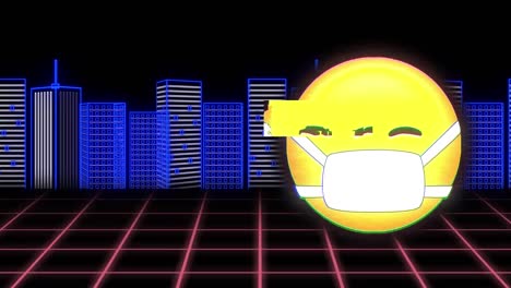 Animation-of-social-media-emoji-icon-with-face-mask-over-cityscape