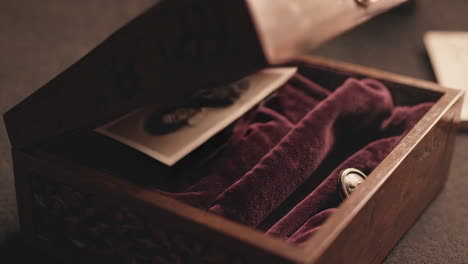 vintage wooden box with a black and white couple's photograph