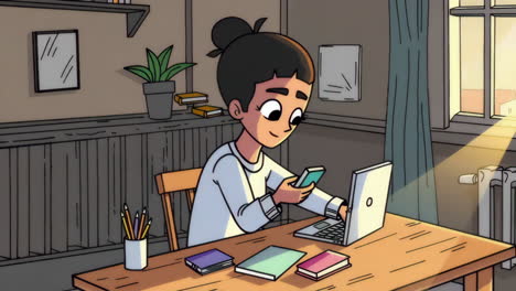 cartoon character working or studying with laptop and phone