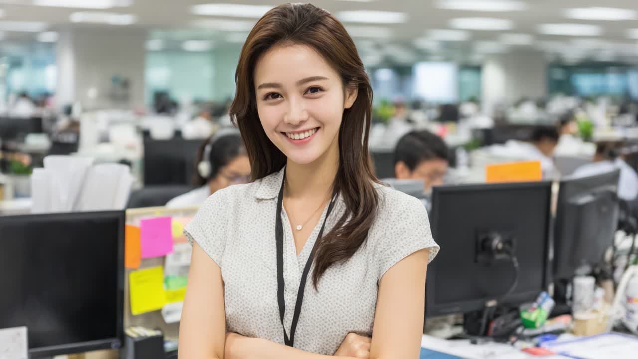 A Confident Professional Woman Smiling in a Busy Office Environment: Showcasing Team Spirit and Workplace Positivity