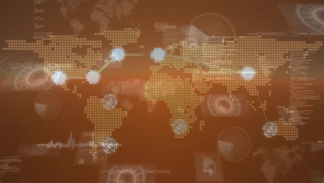 Animation-of-world-map,-network-of-connections-and-data-processing-on-orange-background