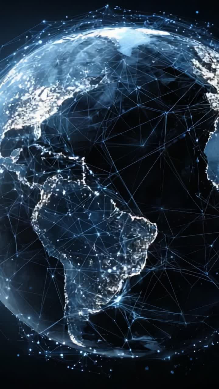 En fantastisk visualisering av jorden som visar global anslutning genom ett nät av ljusa linjer och punkter som belyser kontinenterna mot en mörk bakgrund