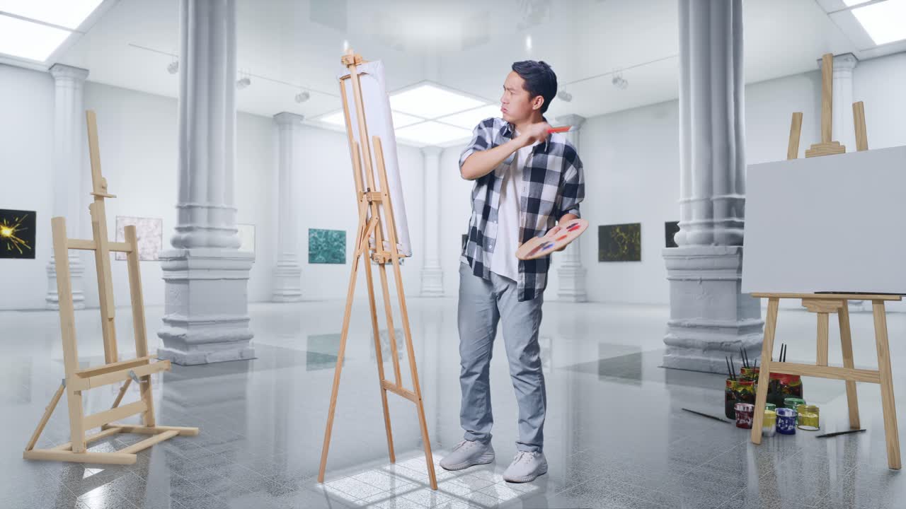 갤러리에서 화가 그림을 그리는