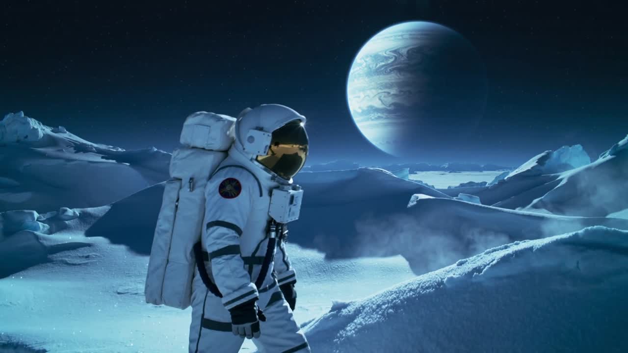 Astronaut i rumdragt krydser frossen fremmed slette på mission, med EVA-rygsæk og guldvisir, plads til tekst