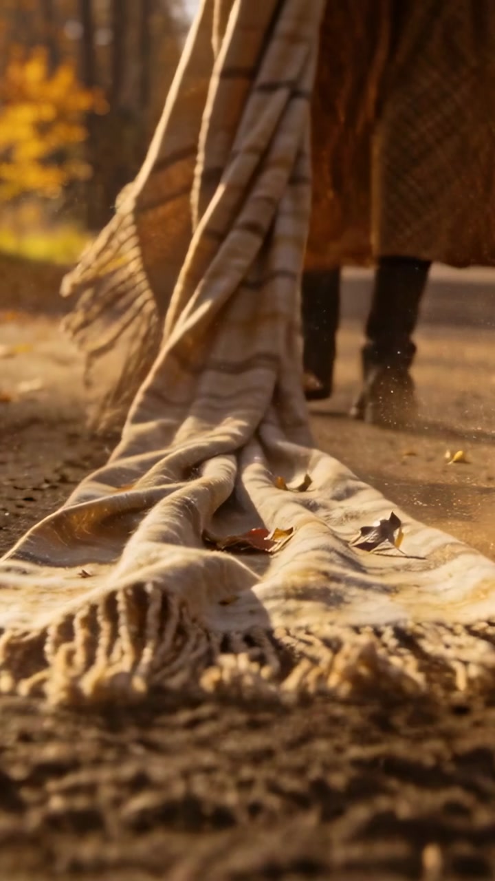 Vertical video: Stepping, woman in coat and boots pulling blanket along park path, heading away