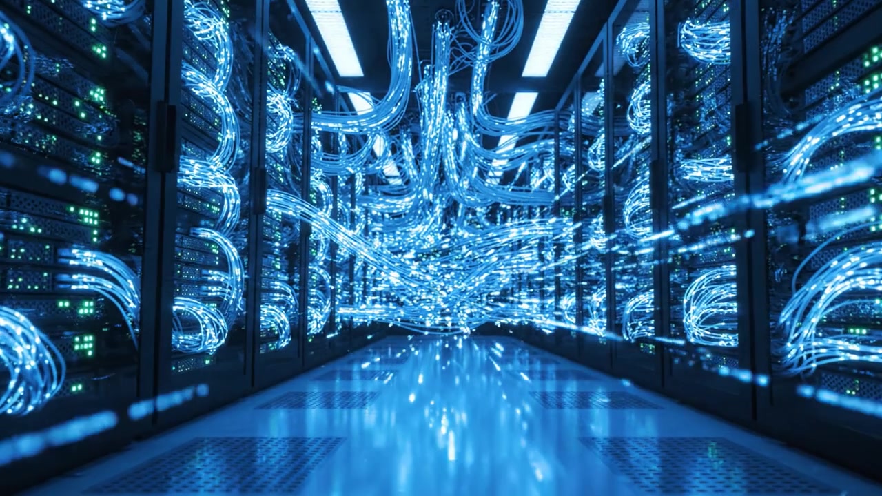 A Glowing Path Through a High-Tech Server Room Filled with Intertwined Cables and Lights, Showcasing an Advanced Data Processing Environment