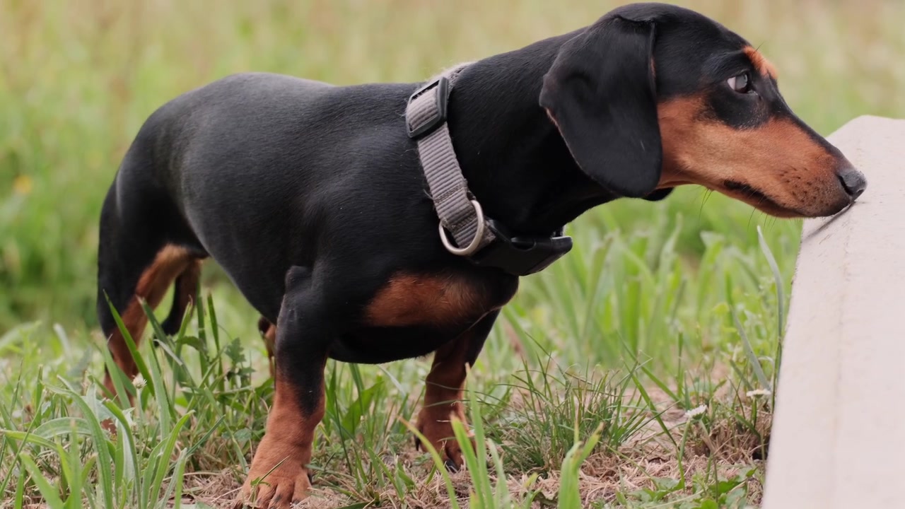 Dachshund sniffing the ground in a grassy field