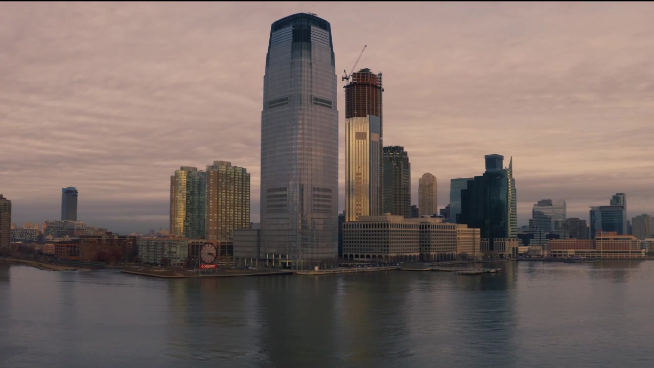 Aerial footage of lower Manhattan; taken from Jersey City