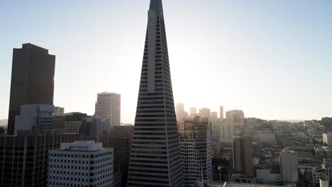 aerial view of a modern city skyline bathed in soft sunlight with skyscrapers and clear blue sky