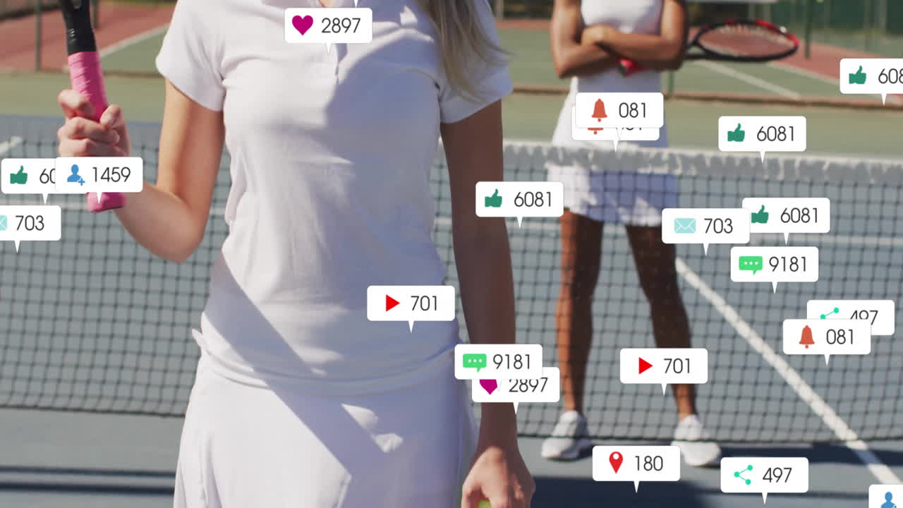 female tennis players competing on outdoor court, showing social media marketing icons