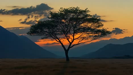 a lone tree in the middle of a grassy field with mountains in the background