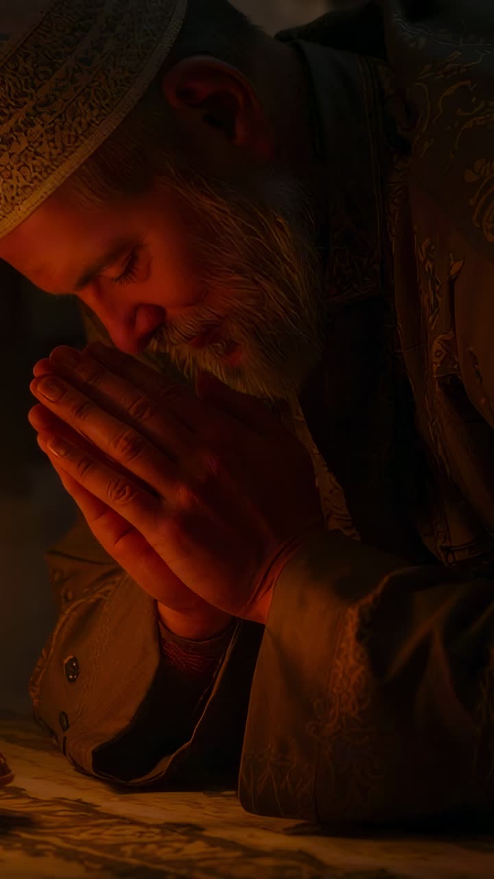 Vertical video: Praying man in skullcap, robe bowing at table, candle appearing, brightening face
