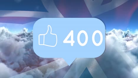 animation of speech bubble with numbers and like icon over clouds and flag of united kingdom