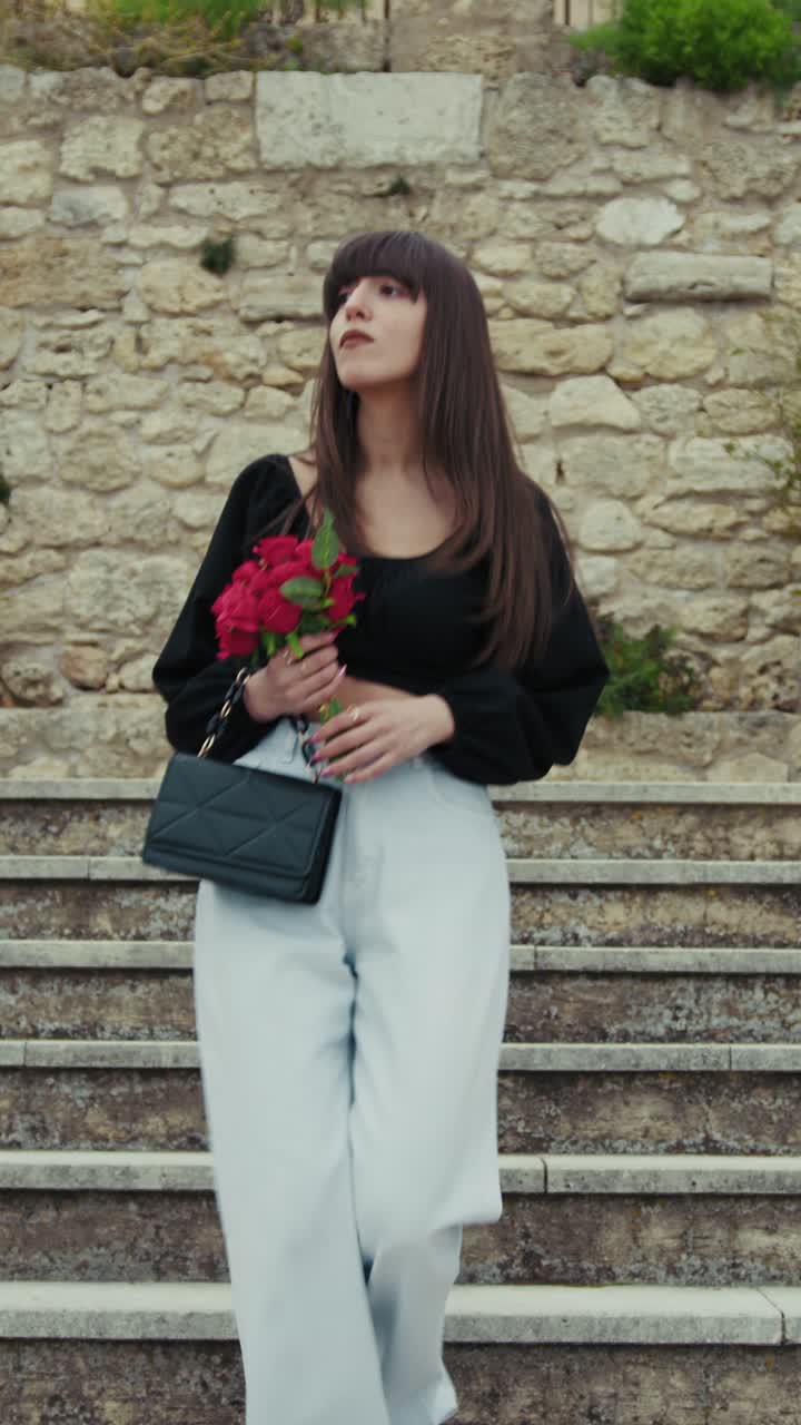 Donna in attesa del suo amato mentre scende le scale della piazza cittadina