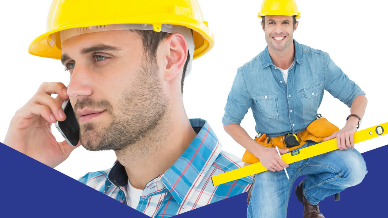 animación de un trabajador masculino caucásico sonriente sobre un trabajador masculino caucásico hablando por teléfono inteligente