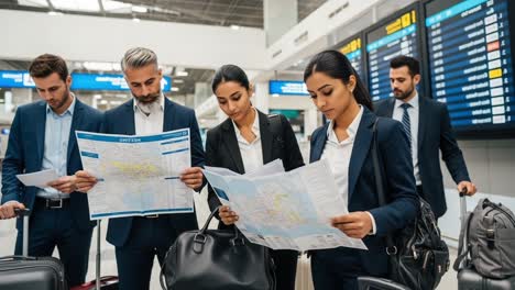 professional business group planning travel at airport check-in with maps and itineraries in hand, reflecting travel dynamics and teamwork