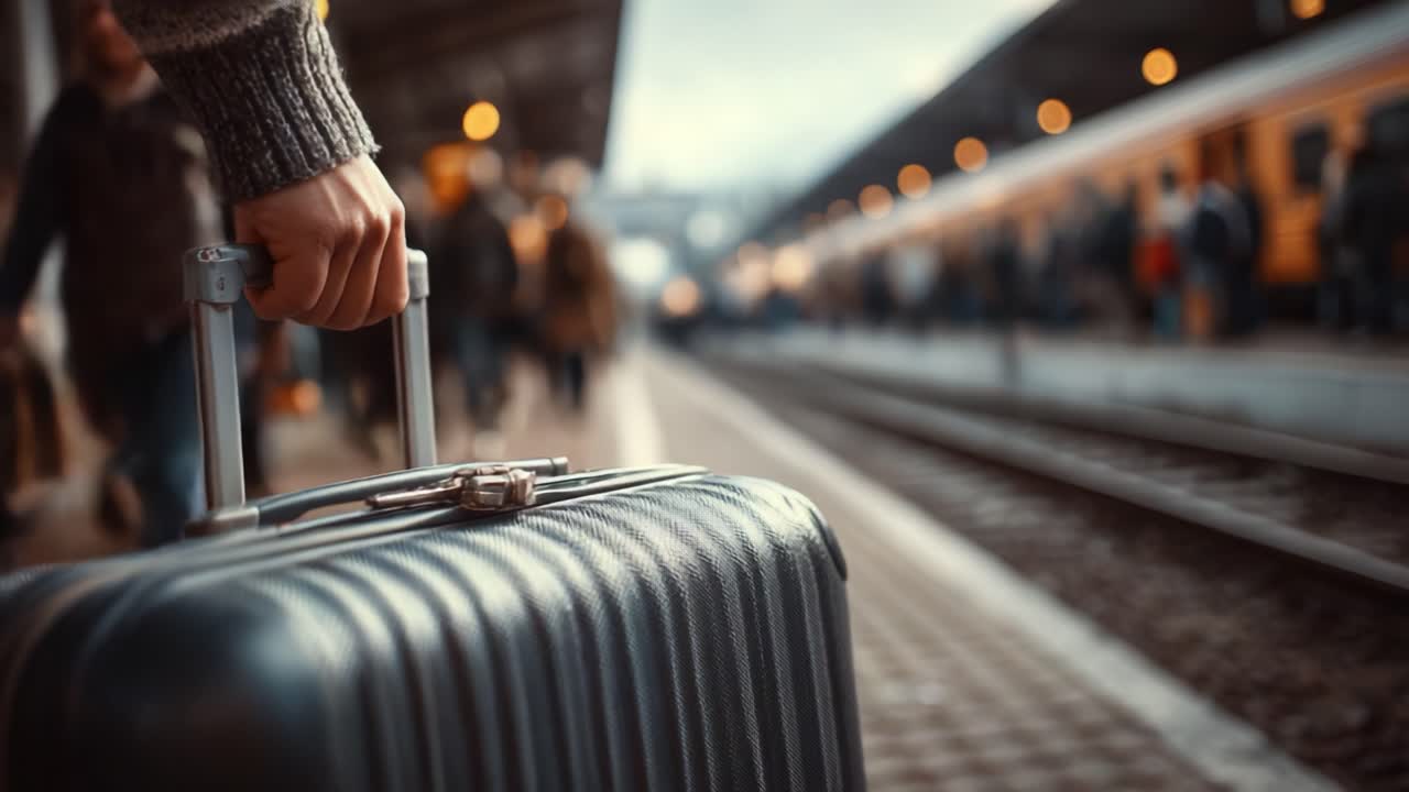 A Traveler's Anticipation: A Hand Grasping a Stylish Suitcase at a Bustling Train Station Amidst the Hectic Atmosphere of Departure