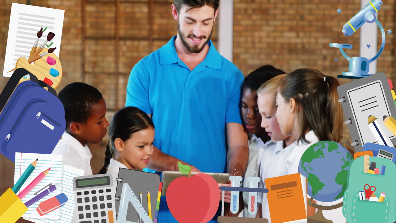 maestro guiando a estudiantes diversos con herramientas educativas animación sobre la escena del aula