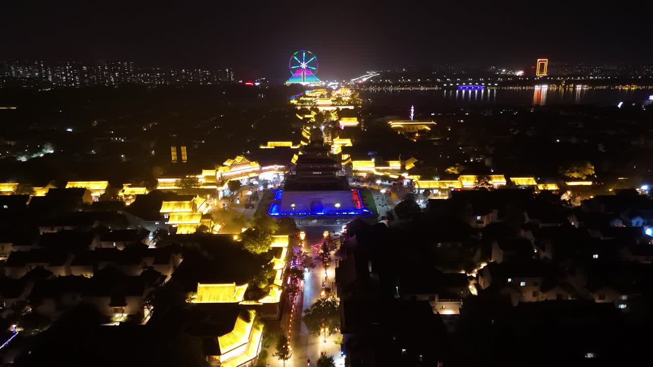 Aerial view of Lounan Street in Liaocheng, Shandong Province, showcasing the historic Guangyuelou Tower from the Qing Dynasty. China