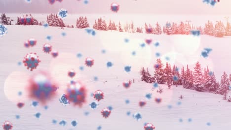 Animation-of-multiple-covid-19-cells-floating-against-winter-scenery