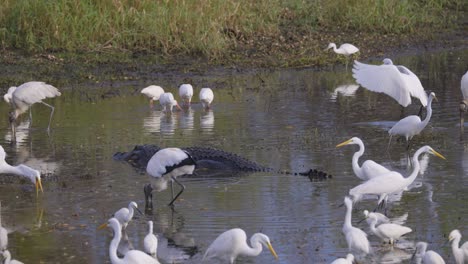 Egrets-foraging-in-shallow-wetland-with-alligator-in-water