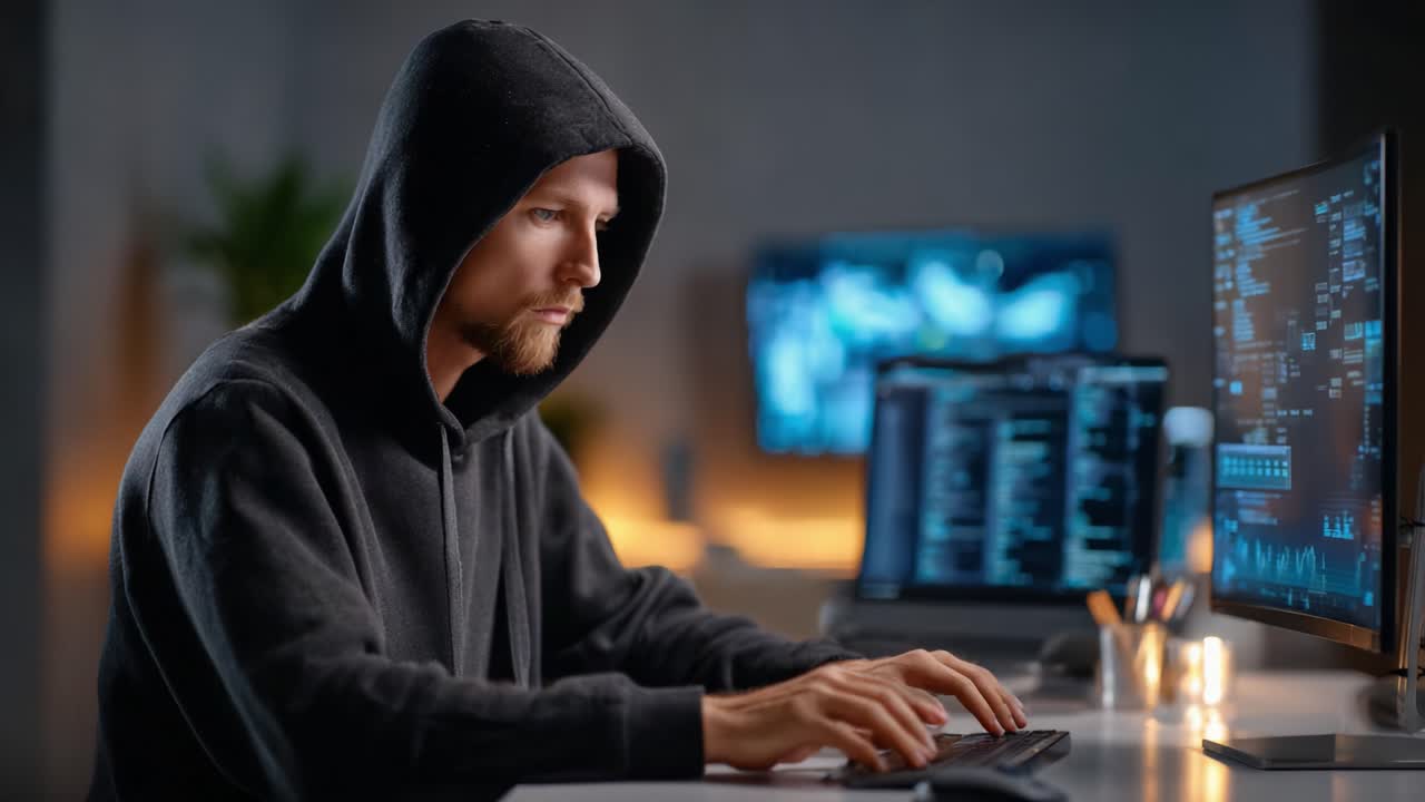Focused hacker in hoodie intensely analyzing data on dual monitors, surrounded by a modern tech environment with glowing screens and a calm atmosphere